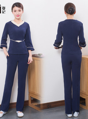 美容院工作服秋冬拼接粉色美容院美容师工作服套装SPA美体技师服
