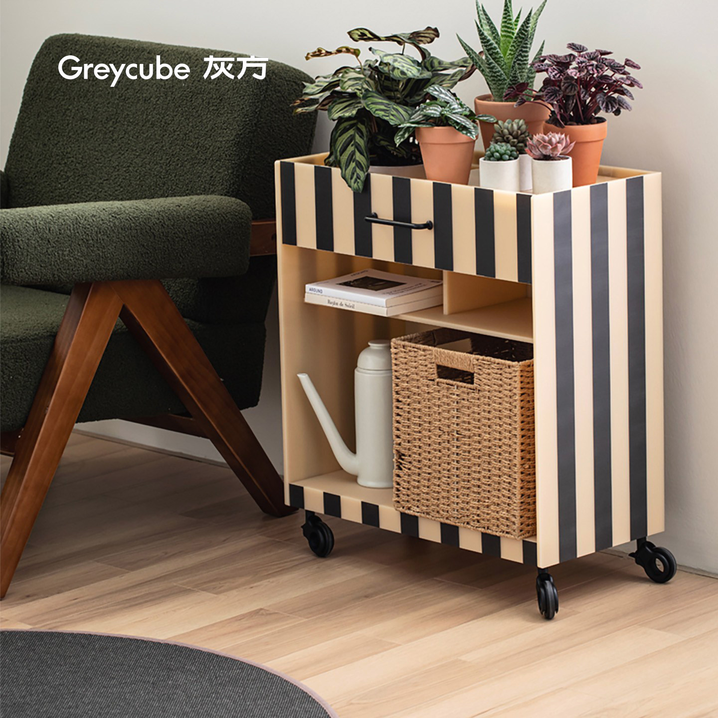 灰方亚克力条纹小推车置物架多层客厅移动零食收纳柜沙发边几花架