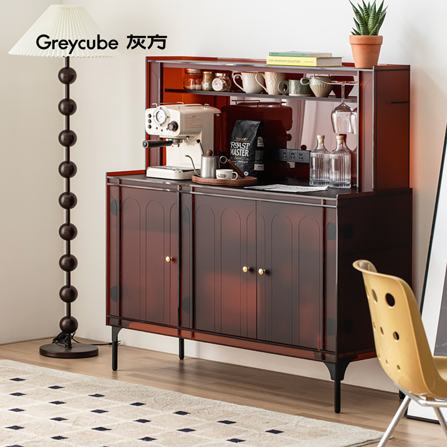 灰方亚克力轻奢餐边柜客厅一体靠墙咖啡边柜现代收纳储物茶水柜