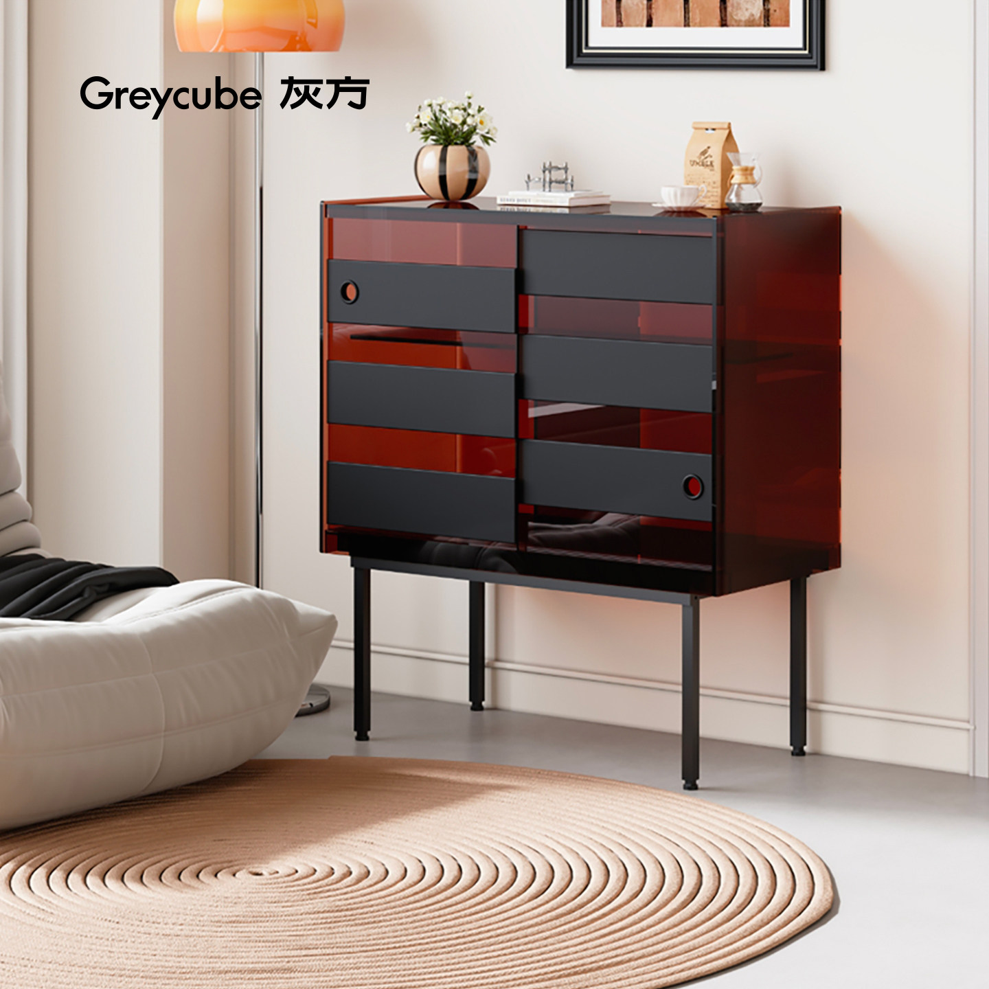 灰方亚克力客厅餐边柜条纹玄关柜卧室沙发置物柜中古风移门储物柜