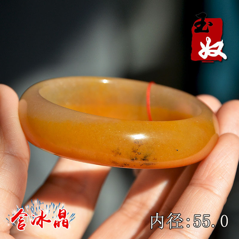 新疆阿勒泰天然金丝玉/柠檬鸡油黄色宝石光细料/草花玉/手镯子/55
