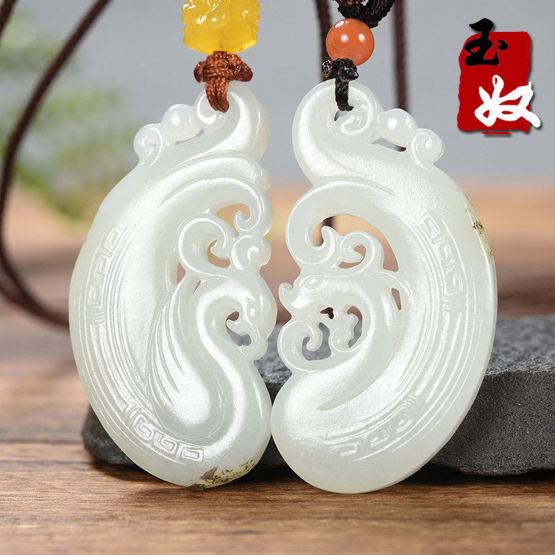 名家/新疆天然和田玉/洒金黑皮羊脂白玉籽料/龙凤牌子/吊坠/23克