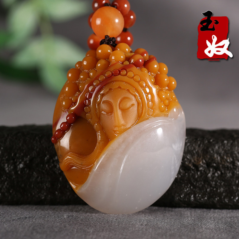 新疆鄯善县天然金丝玉/红黄白三彩玉细料/美女/脸谱/遇贵人/吊坠