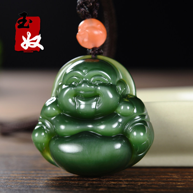俄罗斯老坑料天然绿色黑猫眼碧玉/活猫眼/大肚笑佛/吊坠/20.54克图片