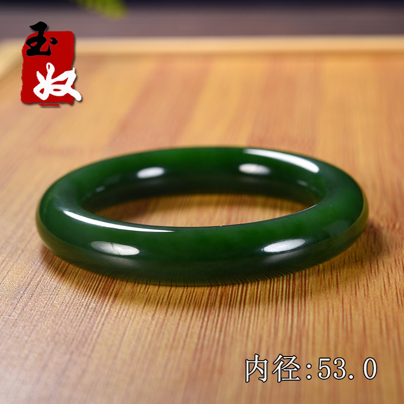 俄罗斯老坑料天然菠菜阳绿色碧玉/和田玉/胖圆条手镯/53图片