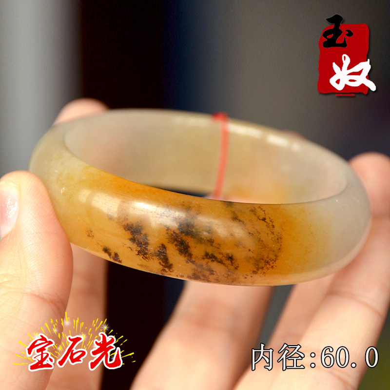 新疆阿勒泰天然金丝玉/柠檬鸡油黄白色/水草花玉/宝石光/手镯/60
