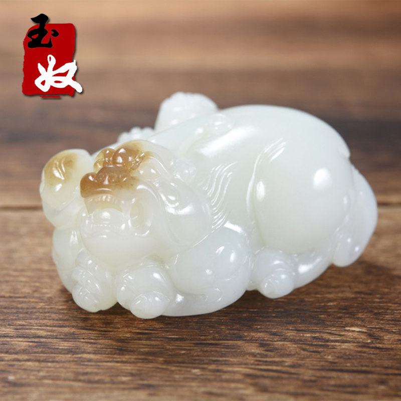 名家/新疆和田玉/糖羊脂白玉/双貔貅/携子上朝/把件/摆件/126.6克