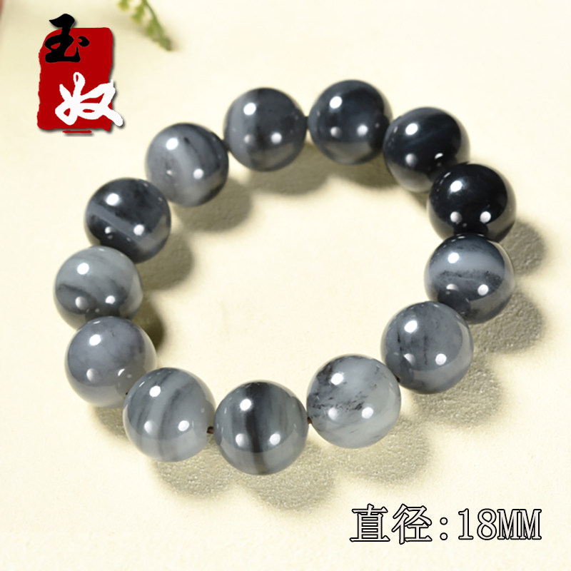 新疆玉龙喀什河天然黑白分明青花墨玉籽料/和田玉/18mm圆珠/手串