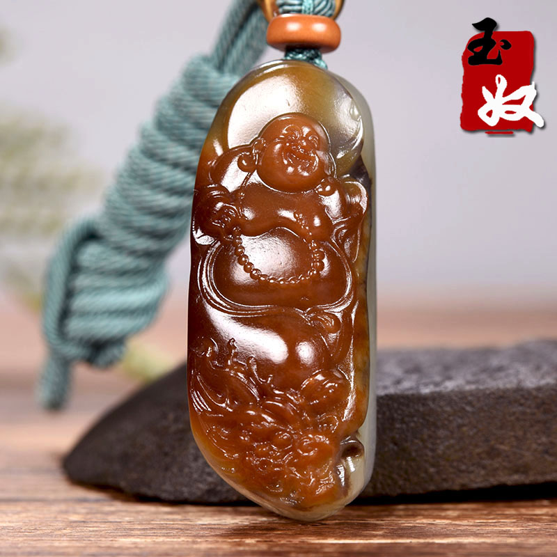 名家/新疆天然和田玉/红黑皮籽料/笑佛/龙头/吊坠/挂件/24.77克