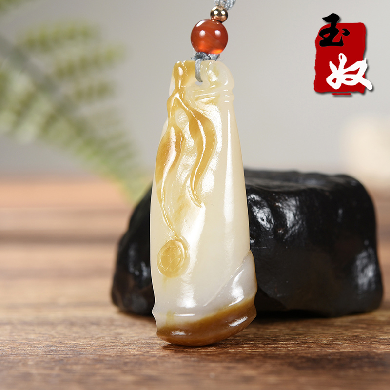 新疆且末县和田玉/红黄色双糖羊脂白玉/竹节/祝福/吊坠/15.47克