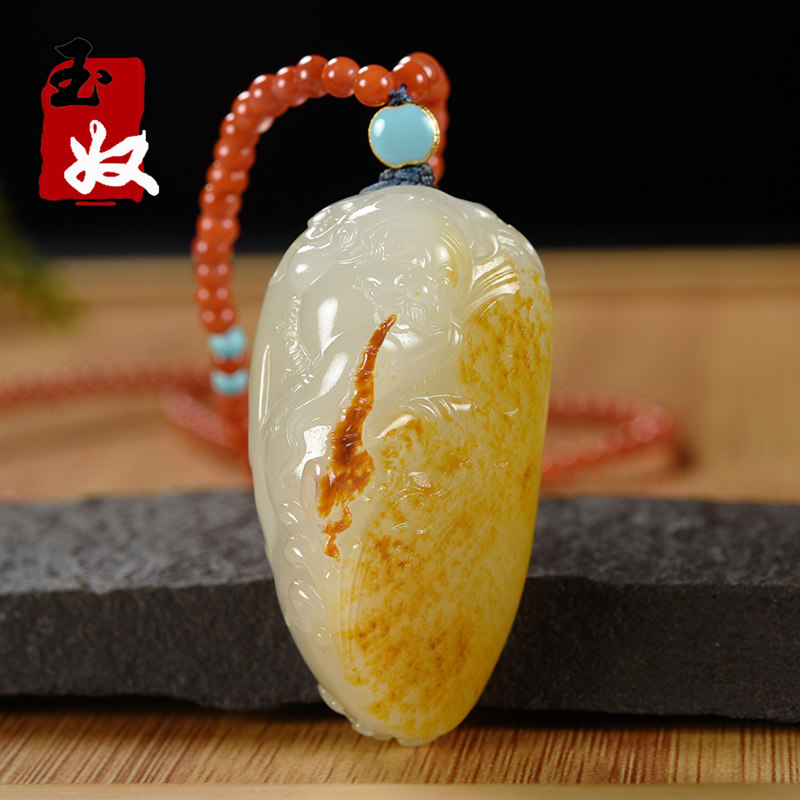 新疆玉龙喀什河天然洒金皮/红皮/籽料和田玉/财神/吊坠/32.56克图片