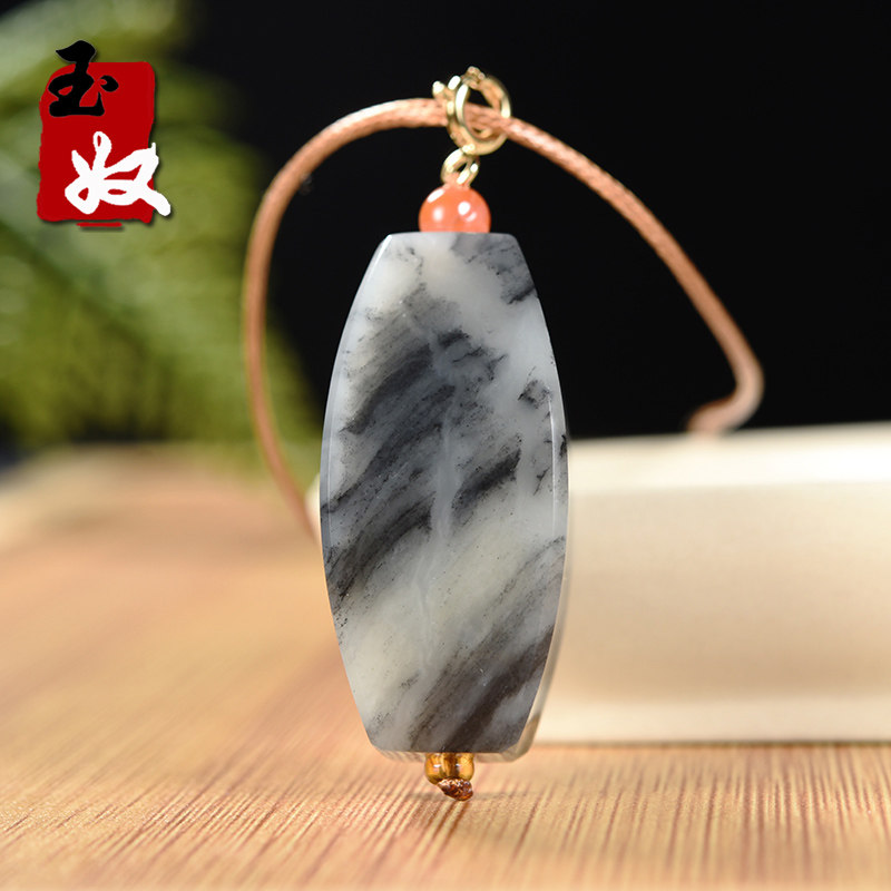 新疆玉龙喀什河青花墨玉籽料/黑白分明山水国风勒子/吊坠/手链珠