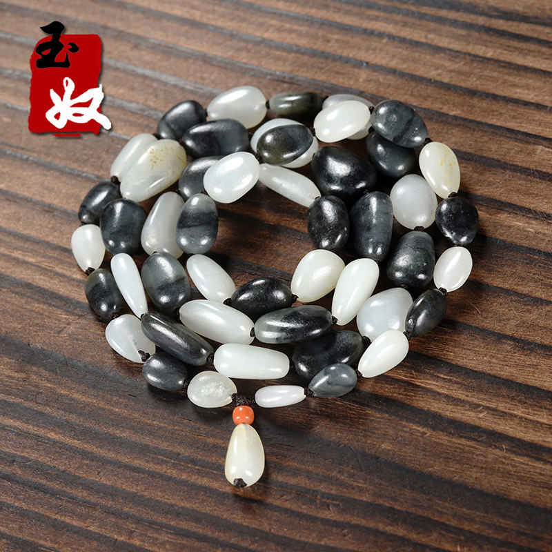新疆玉龙河和田玉/青花聚墨白底相间籽料墨玉/项链/塔链/吊坠链