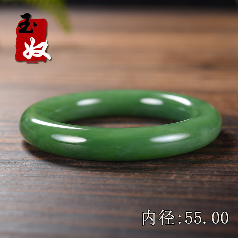 玉奴/俄罗斯老坑料天然粉绿色冰底具猫眼碧玉/圆条手镯子/55/收藏图片