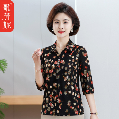 中老年人女装翻领短袖上衣小衫2025夏季新款妈妈中袖T恤奶奶衬衫