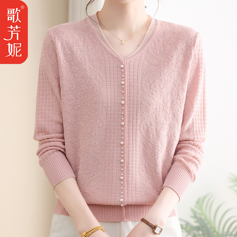中老年女装提花毛衣打底衫T恤套头V领纯色针织小衫打底衫2025秋季