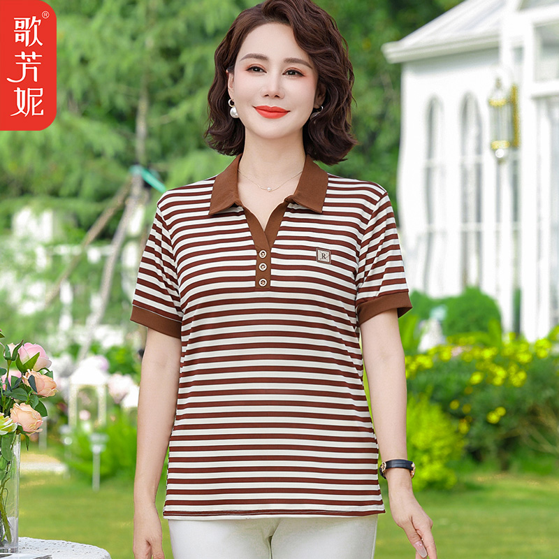 中老年女装条纹短袖衬衫上衣女洋气2025夏装新款中年妈妈宽松小衫
