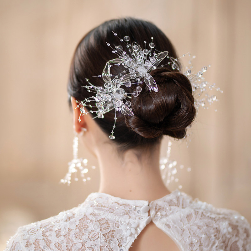 精致唯美造液花水晶头花韩式新娘头饰发簪婚纱礼服结婚配饰雪蓉