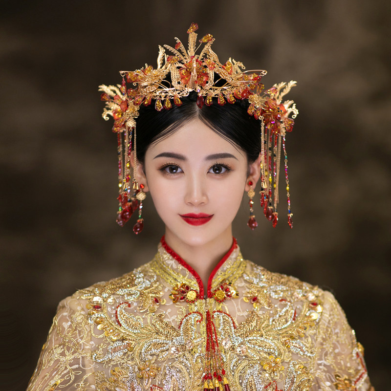 新娘红色中式秀禾服结婚头饰古典长流苏凤冠古代婚礼发饰品婉琳