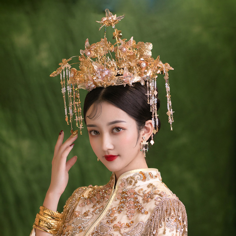 中式手工串珠古典新娘发饰结婚秀禾古装头饰婚礼配饰品造液花瑶甜