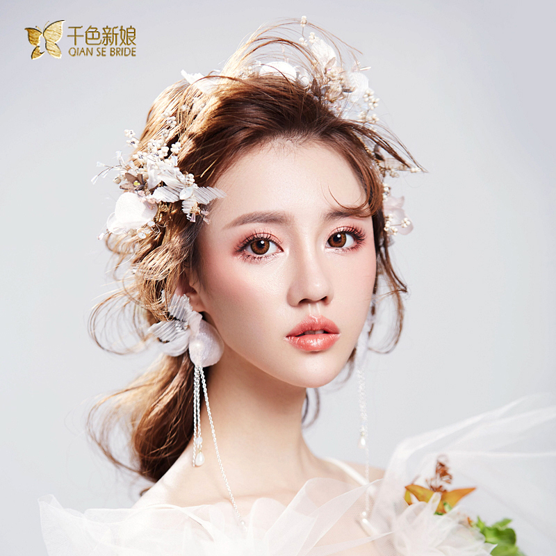 千色 新娘头饰森系仙美婚纱发箍耳环甜美超仙韩式结婚发饰品沐桐