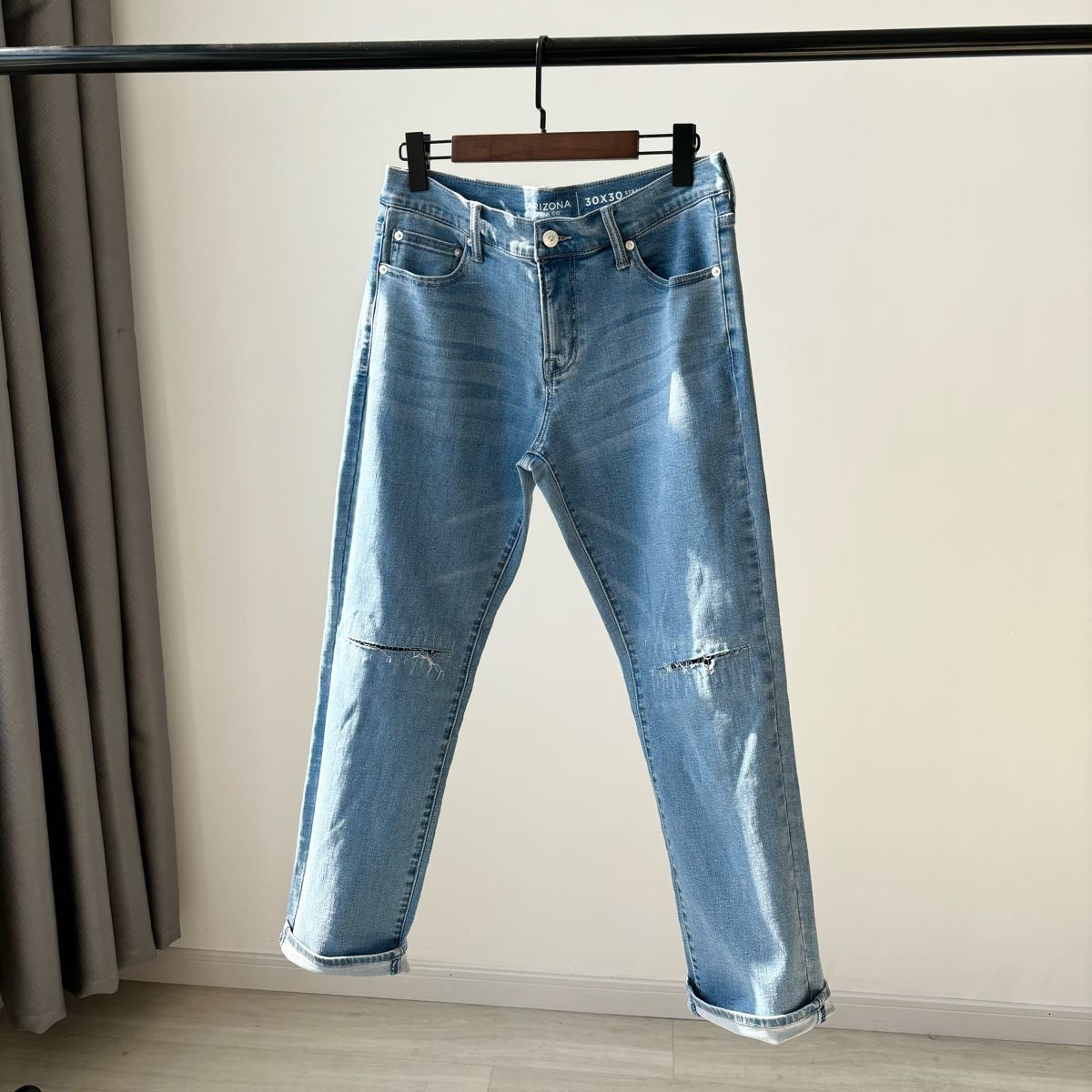 美单360高弹力水洗割破补丁弹力牛仔裤男士休闲透气直筒百搭裤子