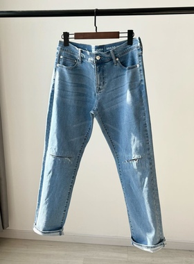 美单360高弹力水洗割破补丁弹力牛仔裤男士休闲透气直筒百搭裤子
