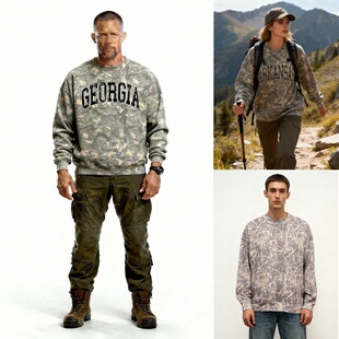 打底衫 外贸硬汉男士 秋冬植绒保暖迷彩圆领卫衣宽松OVERSIZE落肩袖