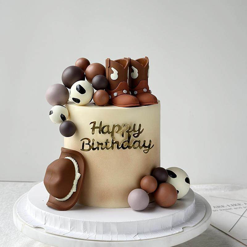 ins风牛仔蛋糕装饰玫红咖啡靴子帽子玩偶摆件男孩女孩生日插牌