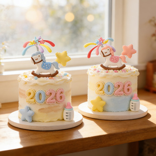2026马年小木马宝宝蛋糕装饰玩偶摆件新年彩色星星火花礼花插牌