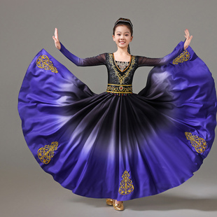 儿童新疆维吾尔族舞蹈服装刺绣维族练习裙演出表演大摆裙艺考舞裙