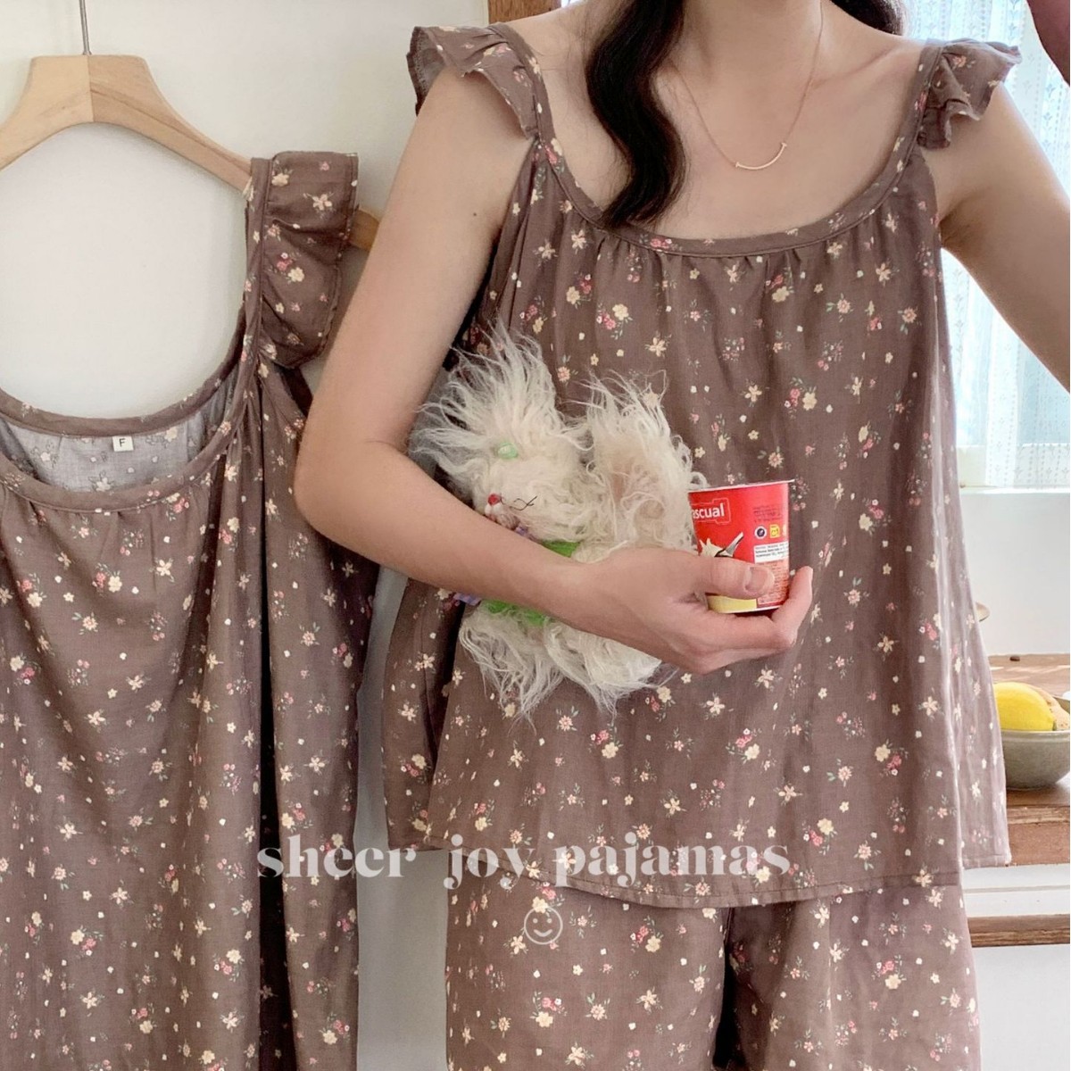 韩系小清新棉质双层纱布飞飞袖小吊带舒适套装睡衣家居服夏款
