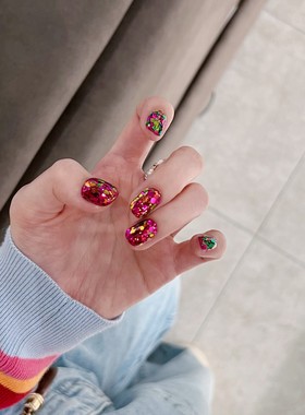 【LU仙人的大花袄】辣妹美甲显白火龙果色超闪亮片短甲穿戴甲美甲