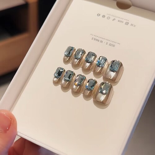 【晴溪】全华钻蓝金撞色满钻猫眼贴钻短甲美甲超闪蓝钻穿戴甲
