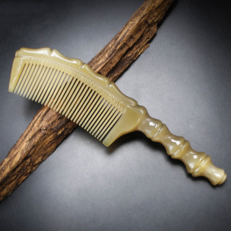 大号20cm高档精品牦牛角梳天然手工雕刻竹节手柄家用梳子送礼物