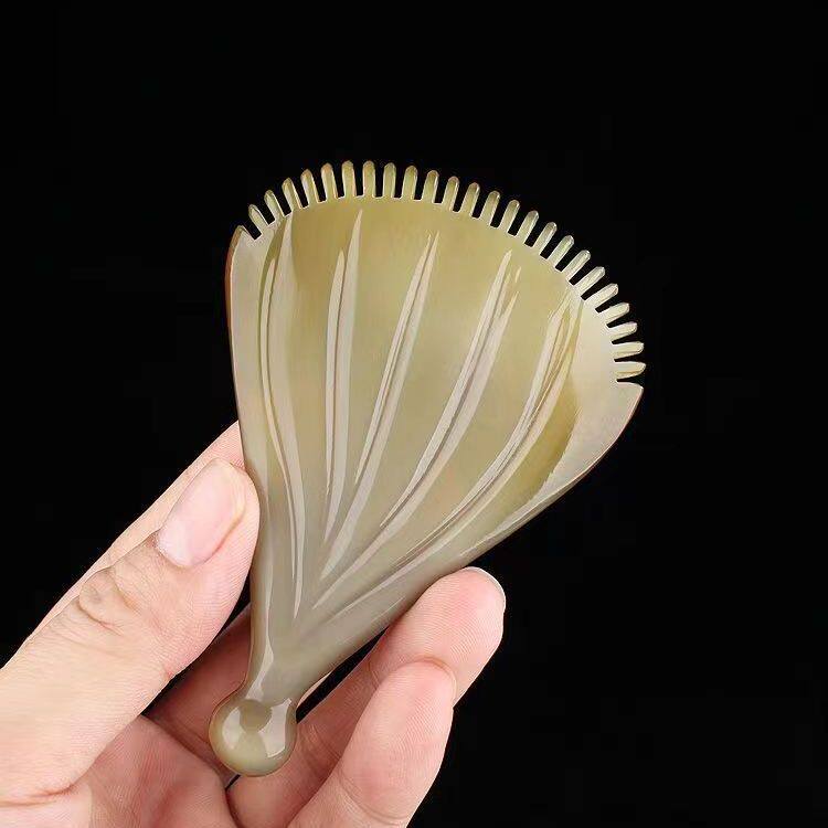 手工天然西藏白牦牛角按摩梳多功能点穴刮痧棒扇形梳子便携旅行梳