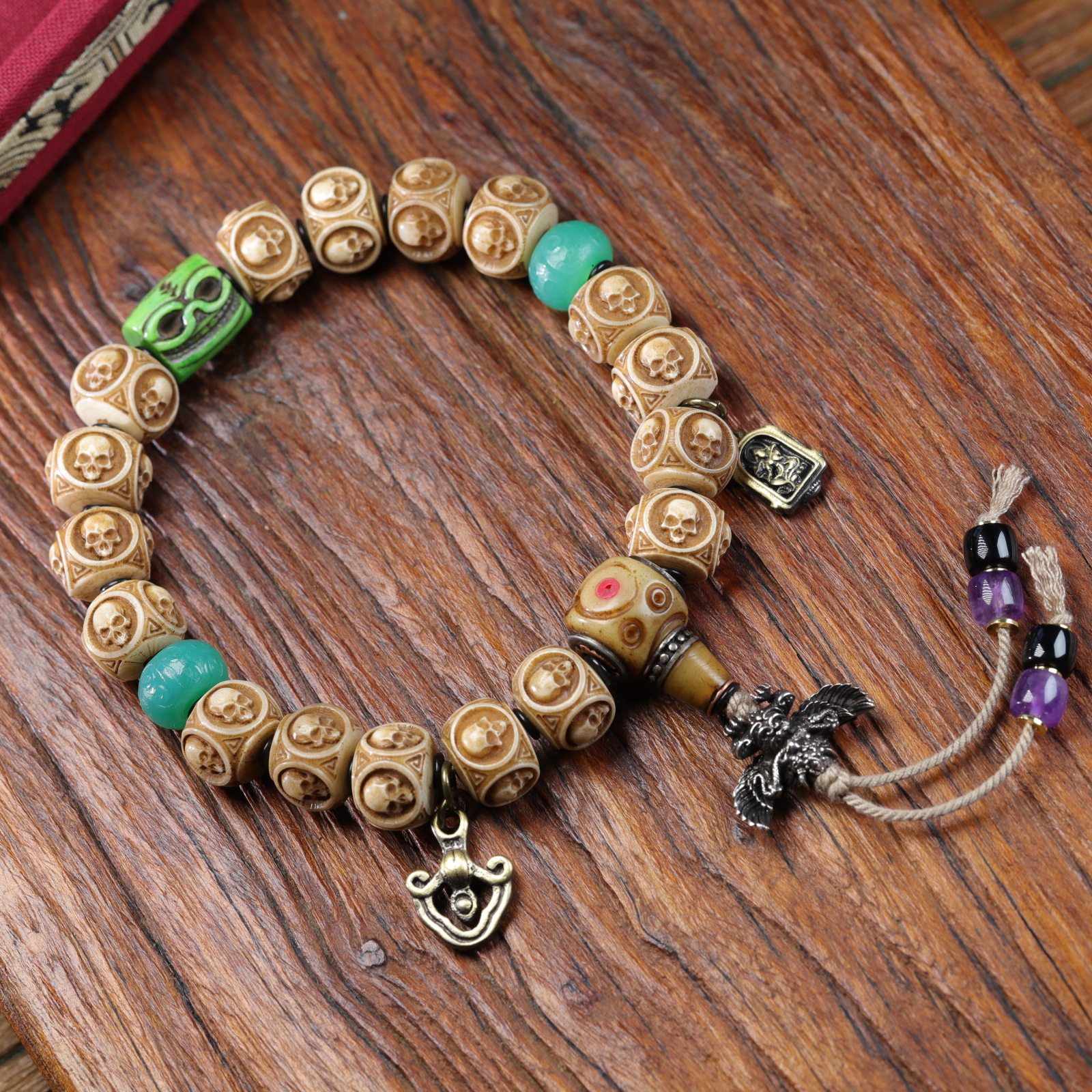 天然西藏传牦牛骨雕刻骷髅手串尸陀林主手链男女款个性文玩饰品