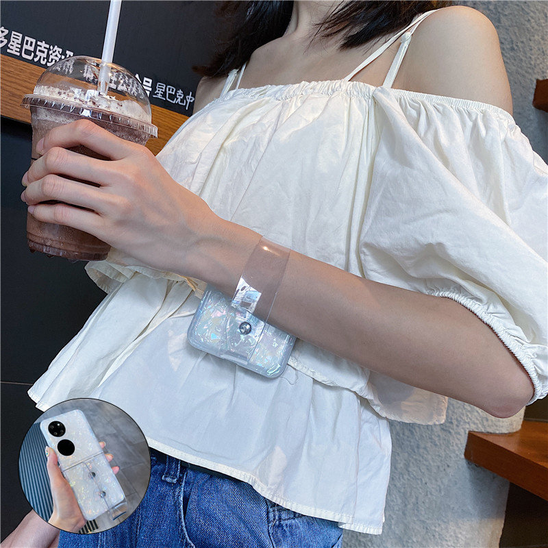 贝壳纹透明腕带purax适用华为pocket2手机壳p50折叠屏oppofindn3/n2flip三星zflip5/4/3软24荣耀magicvflip女