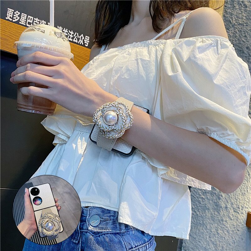 小香风金边花朵腕带适用华为pocket2手机壳puraX荣耀v小折叠屏三星zflip5/4/6硬oppofindn3/n2flip女novaflip