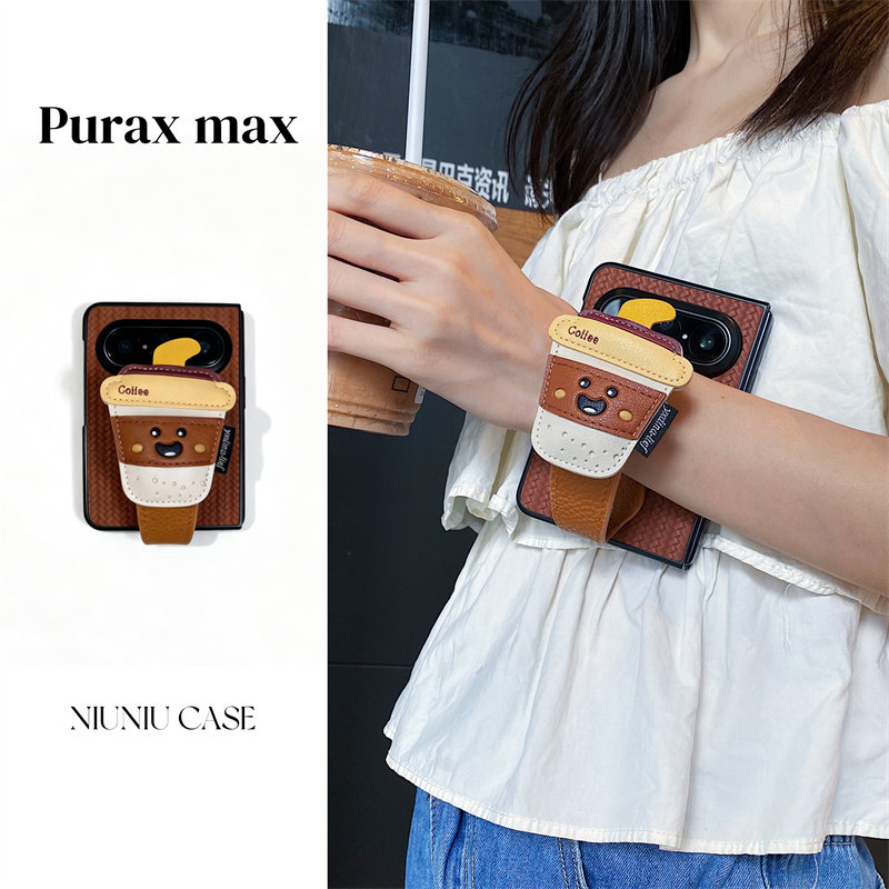 卡通咖啡皮革腕带适用华为puraxmax手机壳purax典藏版折叠屏pocket2防摔套novaflips新品荣耀magicVflip2创意
