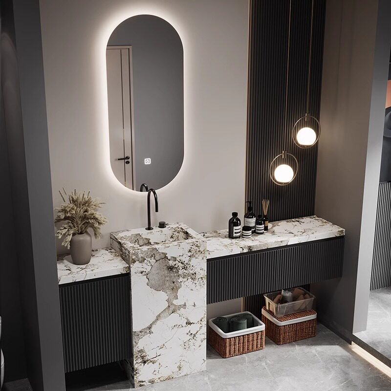 潘多拉岩板立柱一体盆橡木浴室柜组合落地洗手盆酒店风洗脸台定制