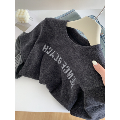 长袖百搭加厚字母印花仿兔绒t恤