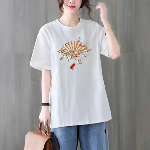 休闲时尚 白色短袖 大码 新款 100%纯棉百搭国风上衣潮 t恤女2026夏季