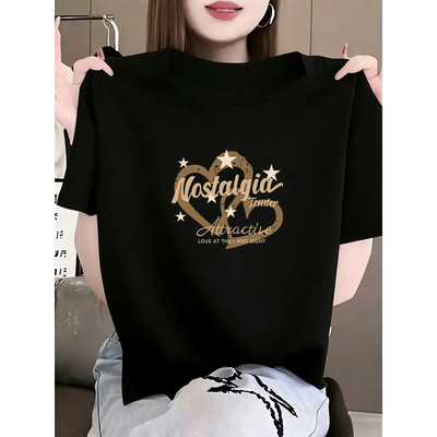 黑色短袖T恤女2026夏季爱心印花圆领宽松显瘦小个子百搭正肩上衣