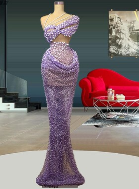 新款紫色气质女王性感连衣裙长款年会晚宴派对主持演出独唱晚礼服
