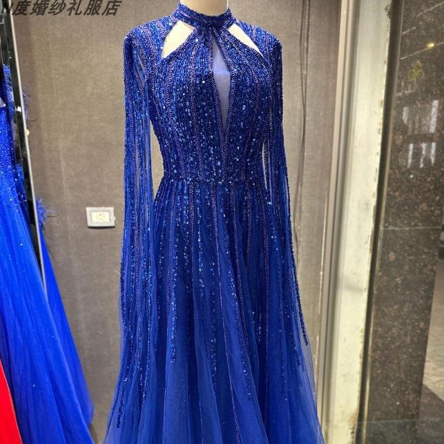 dress高端定制新款蓝色长袖女王珠绣长裙年会晚宴红毯颁奖轻礼服