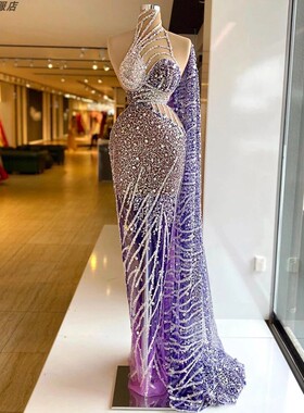 时尚性感透视dress紫色显瘦气质连衣裙年会晚宴主持人红毯晚礼服