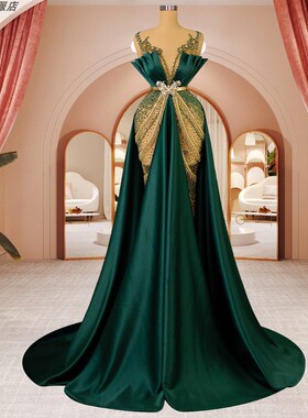 欧美高定新款绿色亮片缎面长裙年会晚宴聚会表演主持人写真礼服