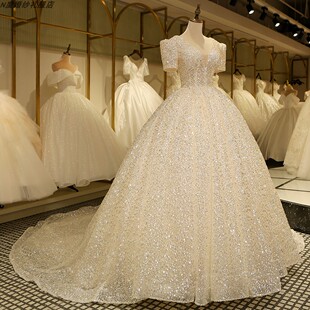 亮片新娘主婚纱红毯颁奖影楼写真晚礼服长款 Wedding dress深V新款