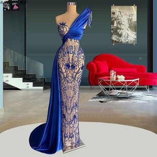 dress新款单肩蓝色长款连衣裙气质名媛红毯走秀主持人聚会晚装